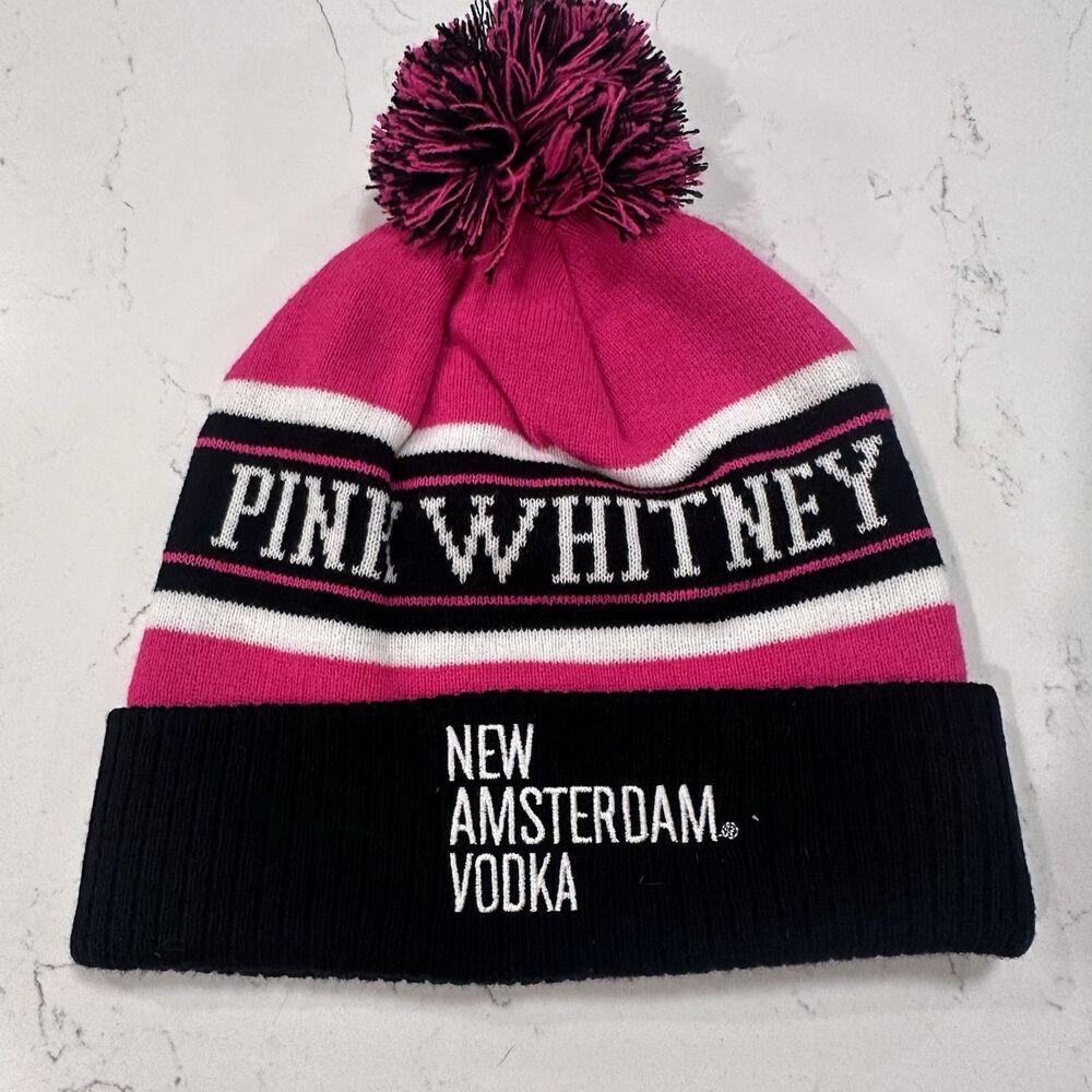 Pink Whitney Winter Hat Cap Beanie Pom Pom Pink Black Knit New Amsterdam Vodka